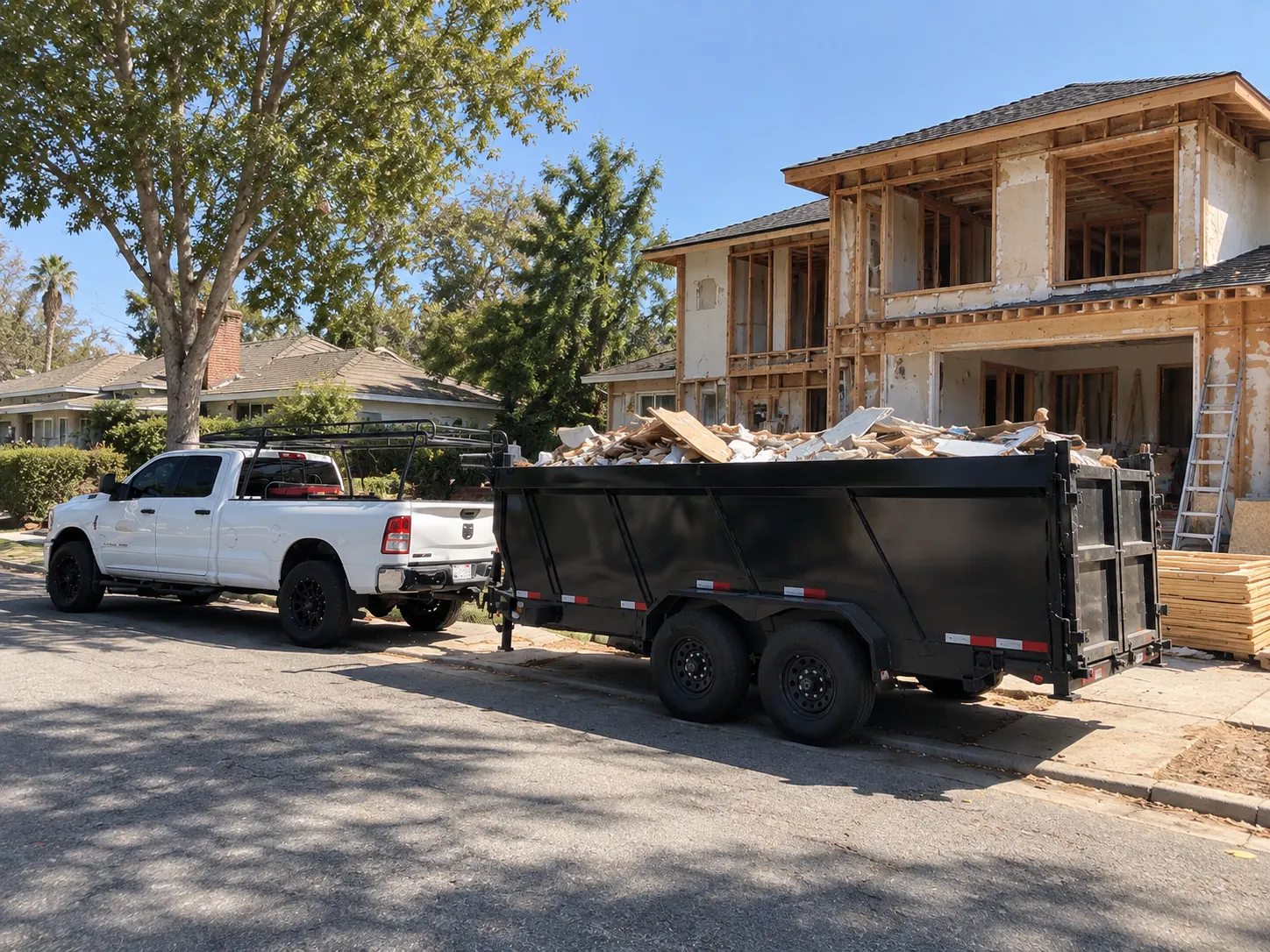 Truck and loaded dump trailer at a residential jobsite, ready to haul debris away