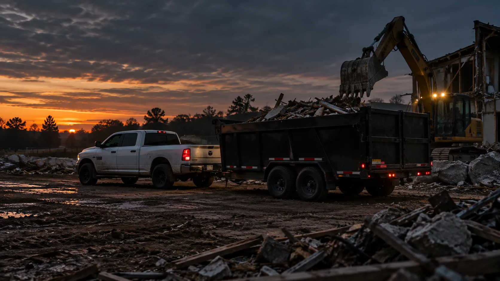 Truck and dump trailer being loaded at a demolition site at dusk