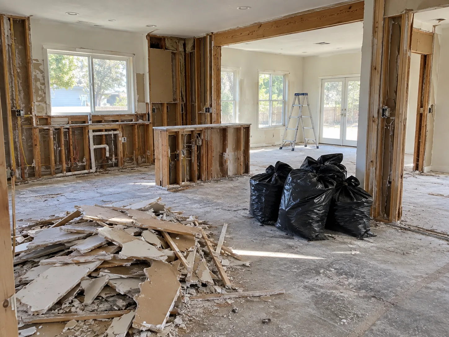 Interior stripped back during renovation, with drywall debris and bagged waste on the floor
