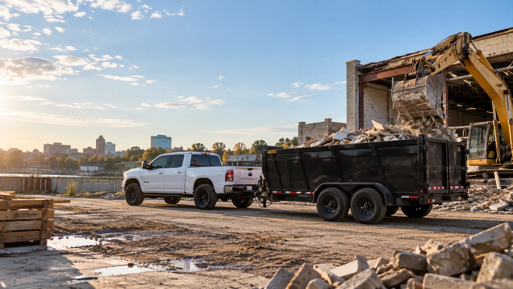 Pickup truck with a loaded dump trailer on a demolition cleanup site