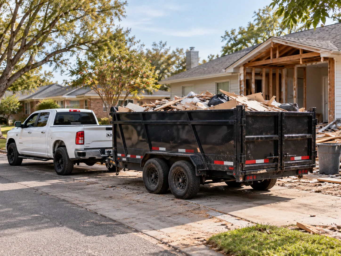 Pickup truck and loaded dump trailer at a residential renovation cleanup