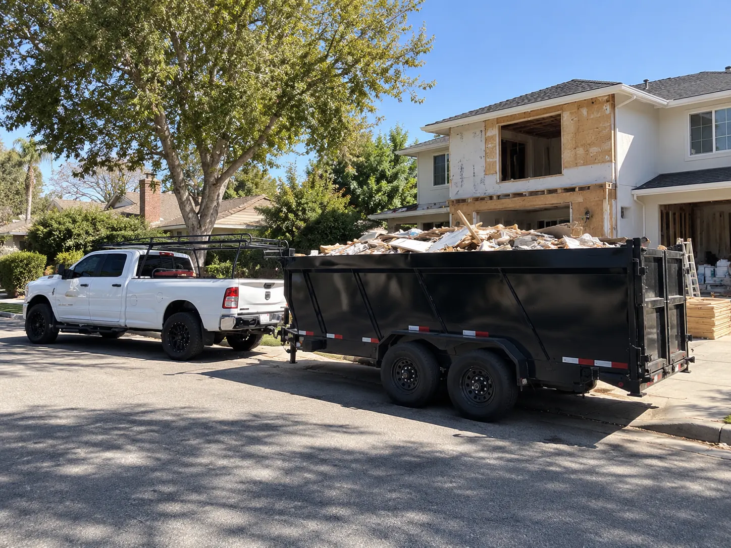 Truck and loaded dump trailer outside a house being renovated